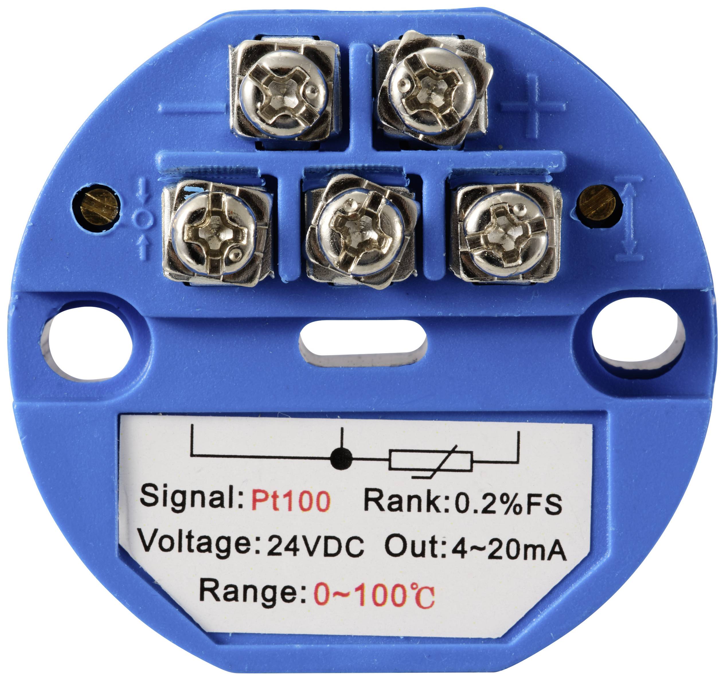 Kulatý elektrický senzor s modrou základnou, zobrazující měřené hodnoty: 'Signál: Pt100', 'Napětí: 24VDC', 'Rozsah: 0~100°C'.