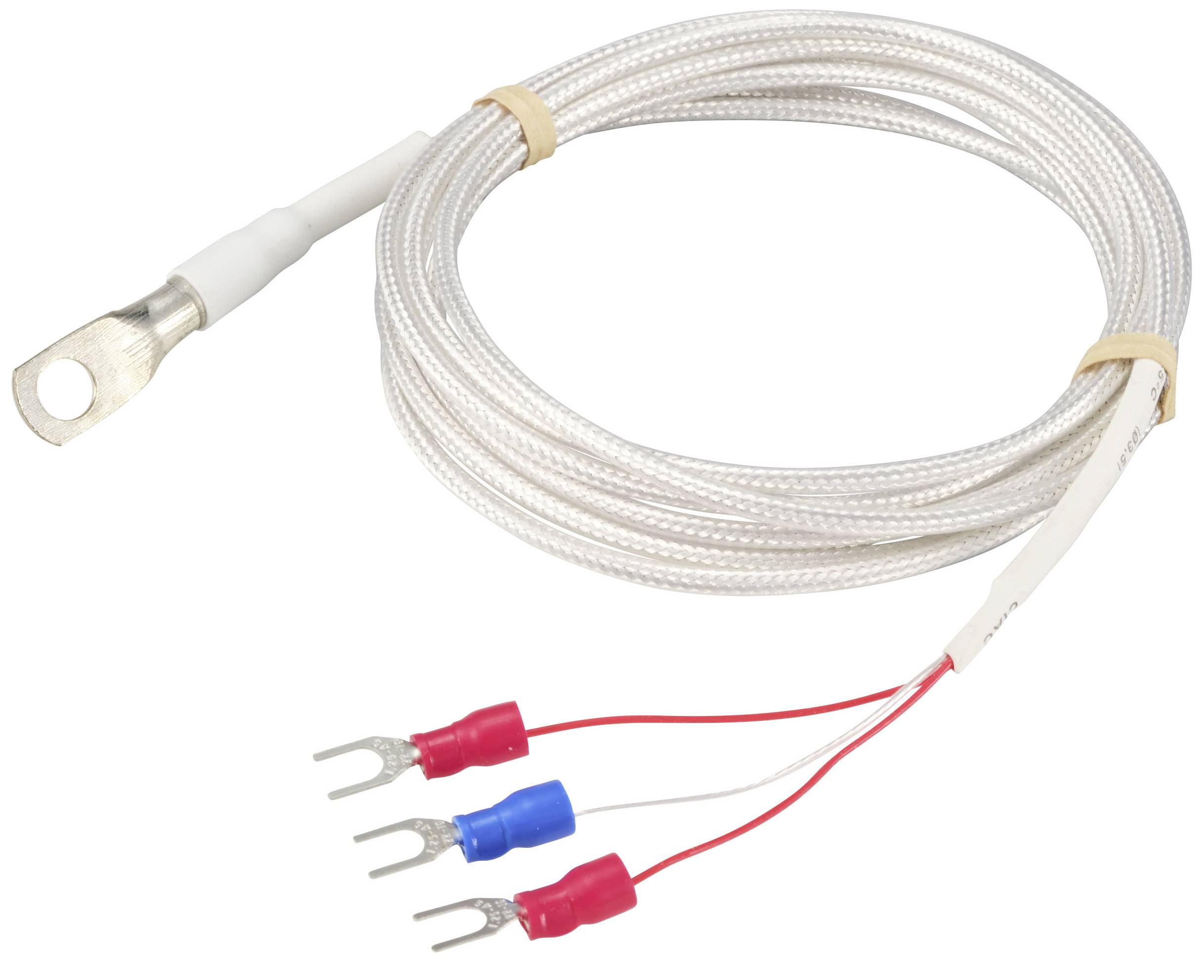 Teplotní měřicí kabel se třemi barevně kódovanými svorkami: červenou, modrou a bílou. Vhodný pro technické aplikace.