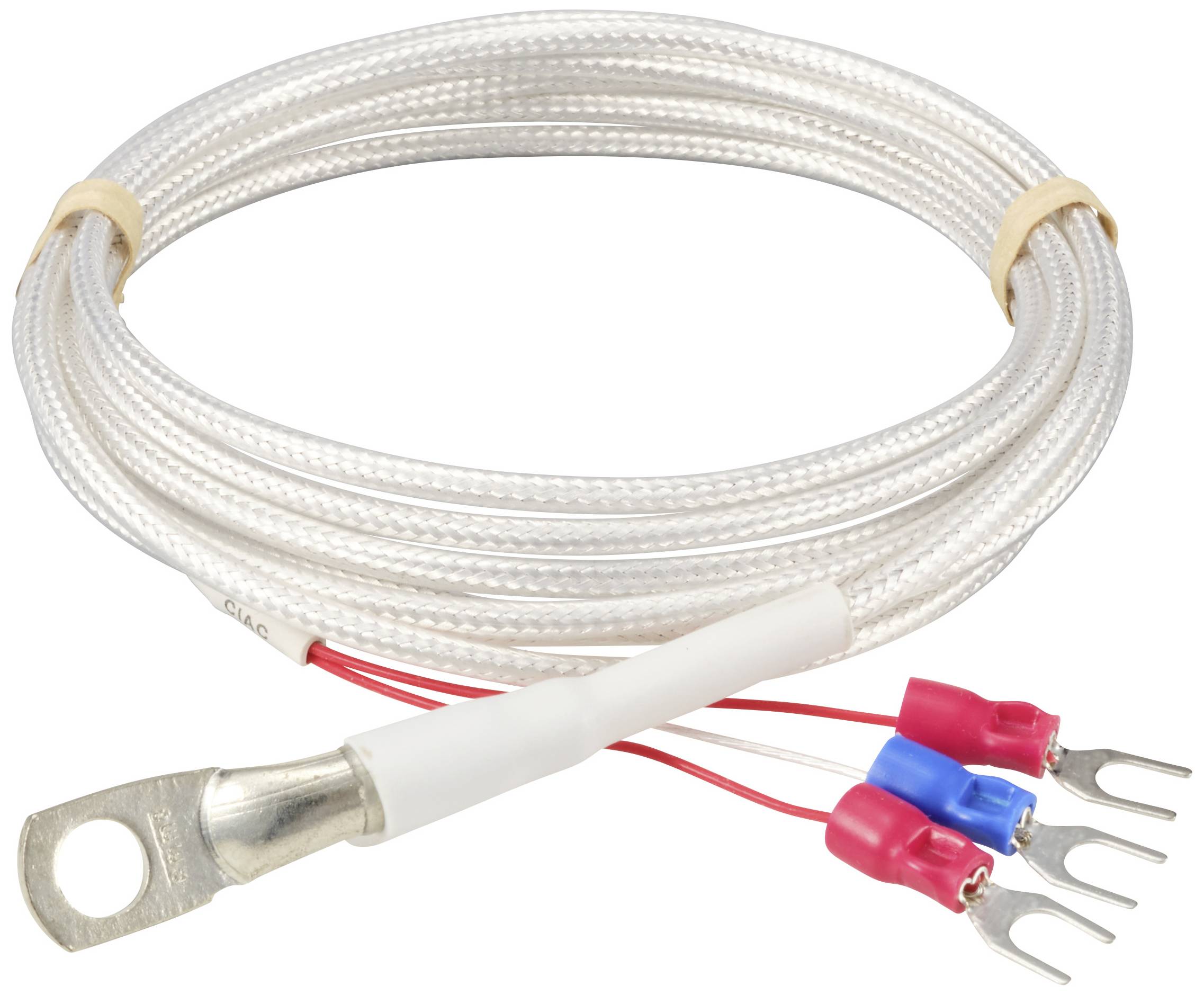 Stříbrný kabel s třemi barevnými připojovacími svorkami (dvě červené, jedna modrá) na jednom konci a kabelovým okem na konci druhém.