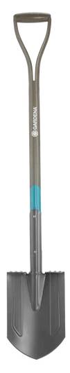 Kovový zahradní rýč s rukojetí ve tvaru písmene D a špičatou černou čepelí, který se používá k kopání a zahradnickým pracím.