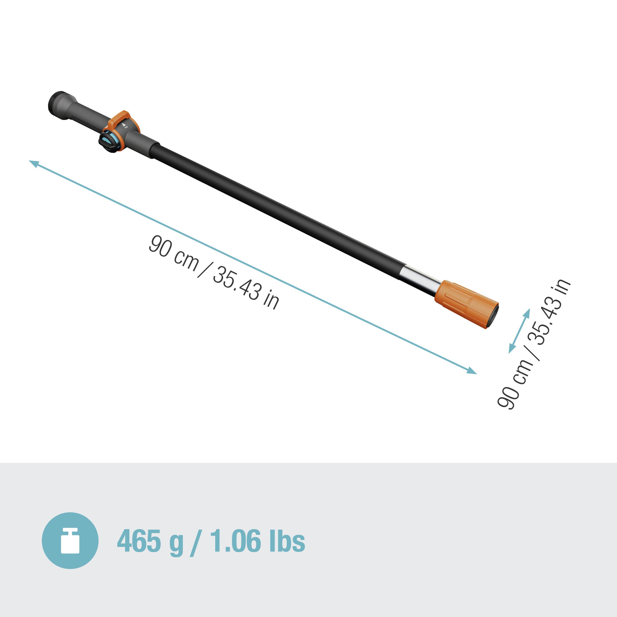 Podlouhlá hliníková tyč s plastovou rukojetí a připojovacím dílem. Délka 90 cm, hmotnost 465 g.