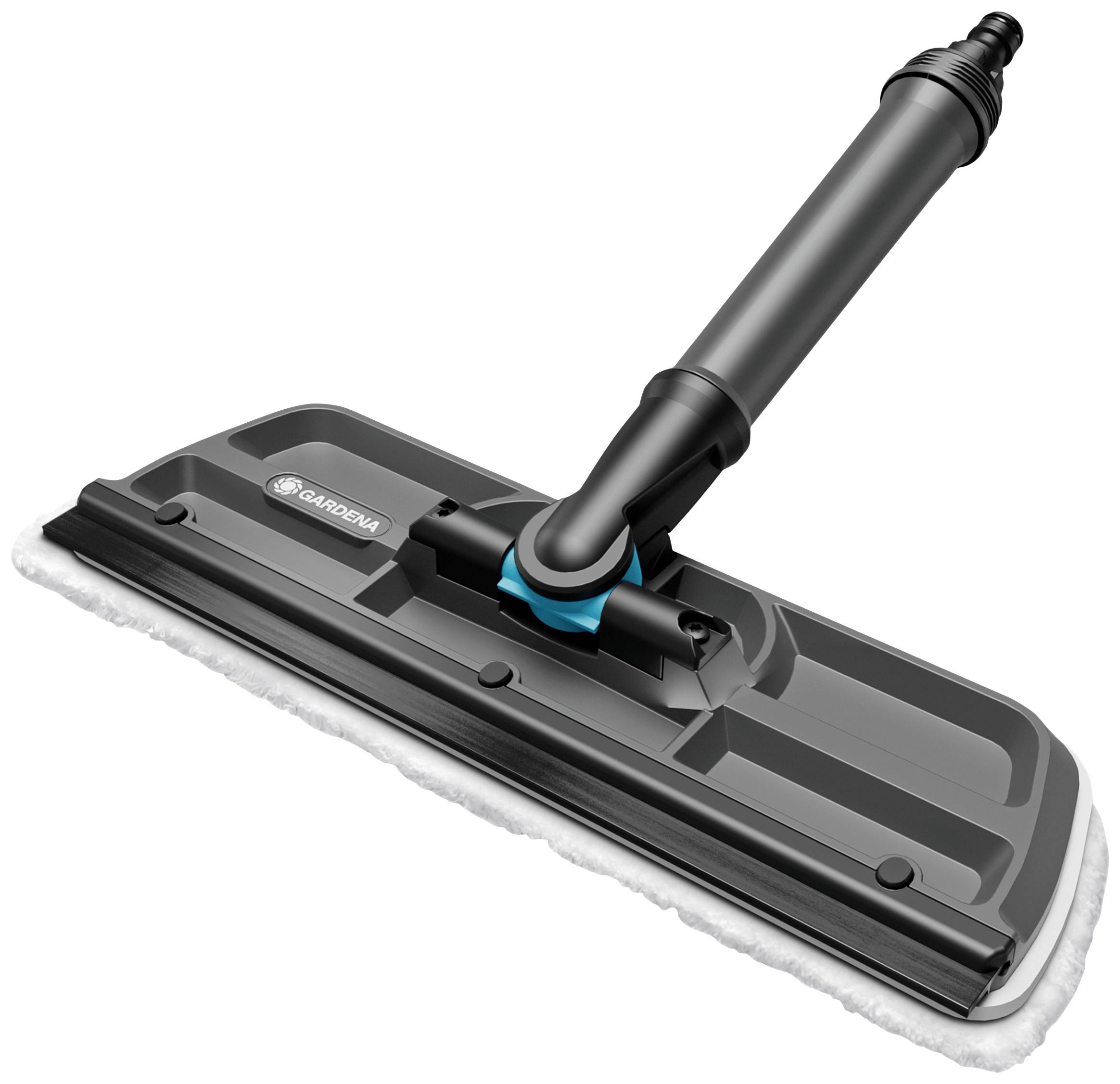 Černý obdélníkový mop s nastavitelnou rukojetí vhodný pro úklid podlah.