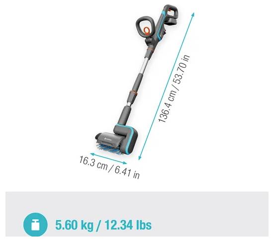 Bezdrátový vysavač s rozměry 136,4 cm (53,70 palce) výšky, 16,3 cm (6,41 palce) šířky; hmotnost 5,60 kg (12,34 liber).