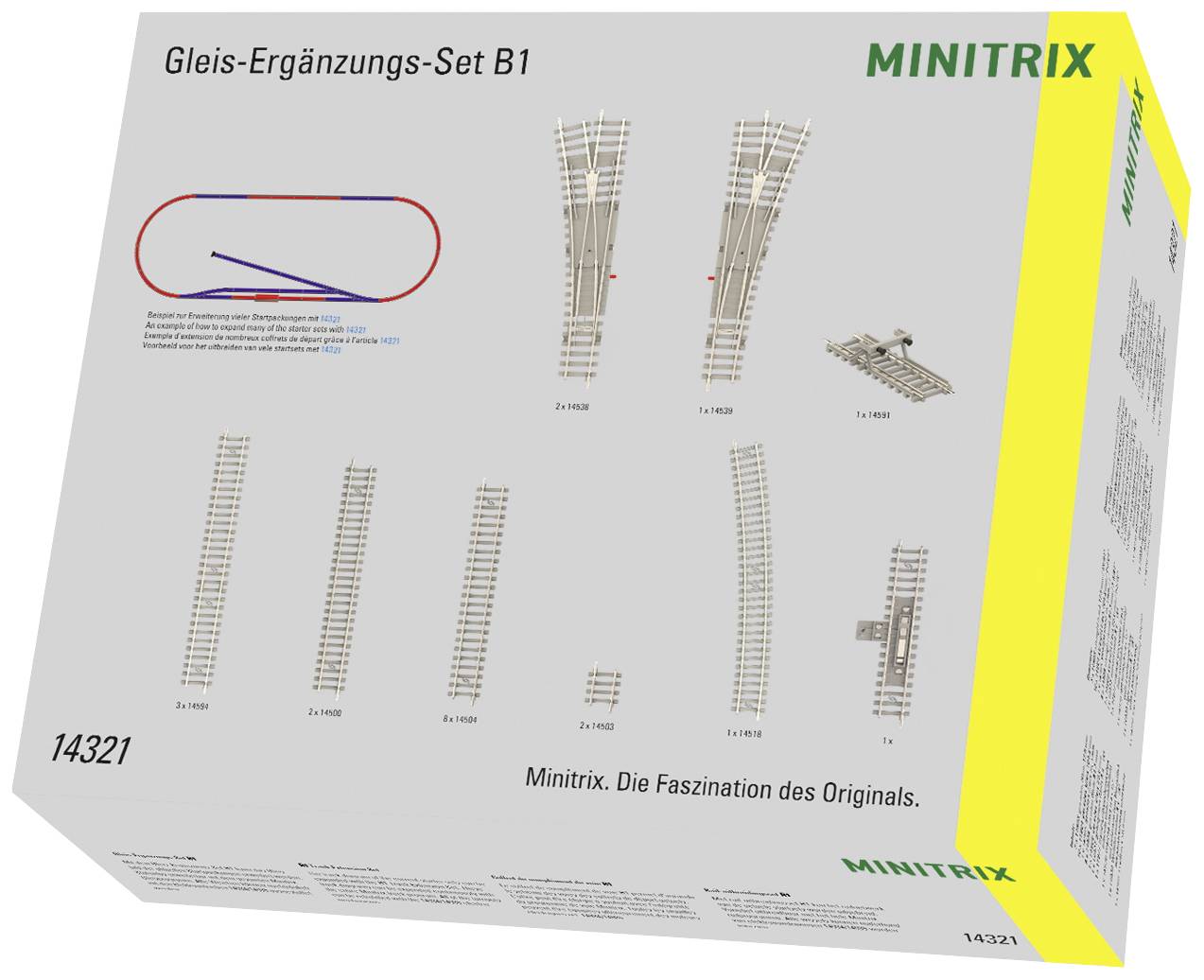 Rozšiřující sada kolejí B1 od Minitrixu. Obsahuje přímé a zakřivené koleje včetně výhybek. Design obalu s nákresem kolejového uspořádání.