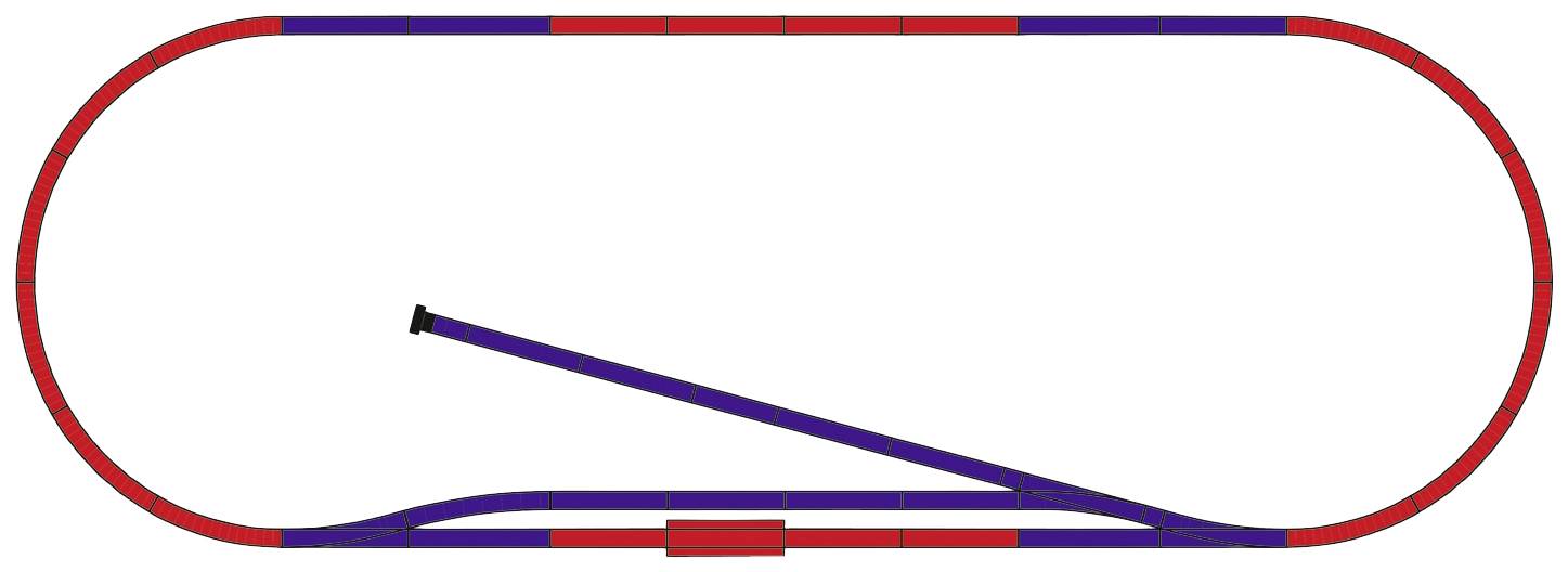 Diagram kolejí s oválným červeným kruhem, modrou odbočkou doleva a červenou mezerou uprostřed dole.
