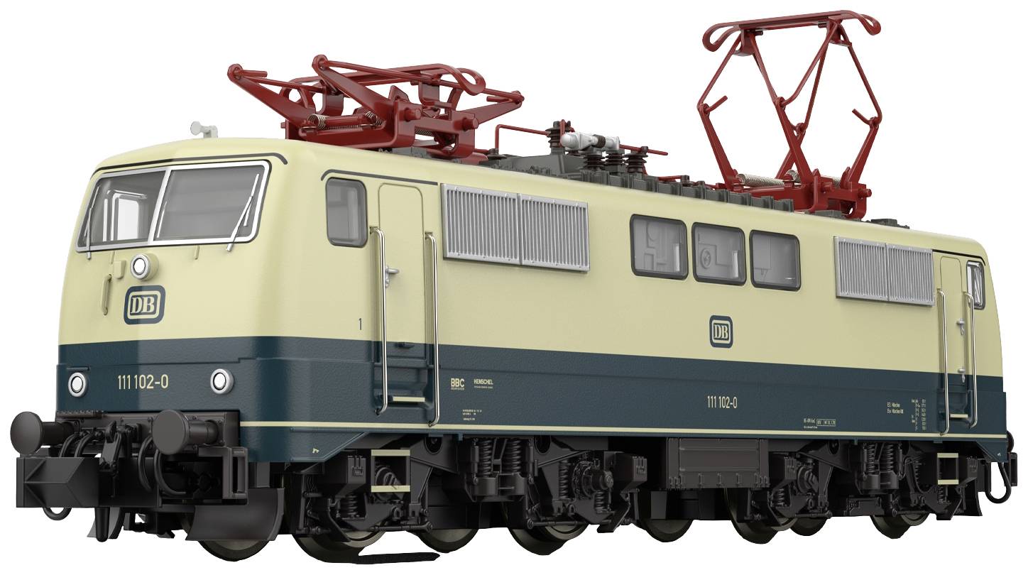 Historická německá elektrická lokomotiva řady 111, lakovaná v krémové a modré barvě, s červeným zvedacím sběračem na střeše.