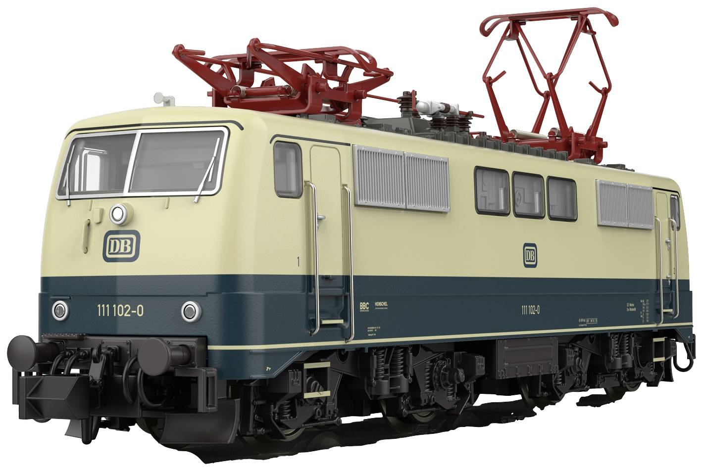 Béžovo-modrá lokomotiva Deutsche Bahn s číslem 111 102-0. Má červené sběrače proudu na střeše.