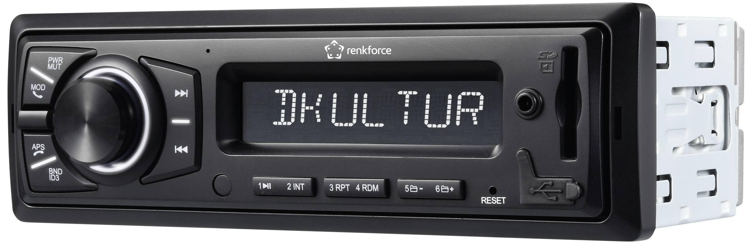 Autorádio s displejem zobrazuje 'DKULTUR'. Vlevo: ovládací tlačítko a klávesy. Vpravo: USB port. Značka: renkforce.