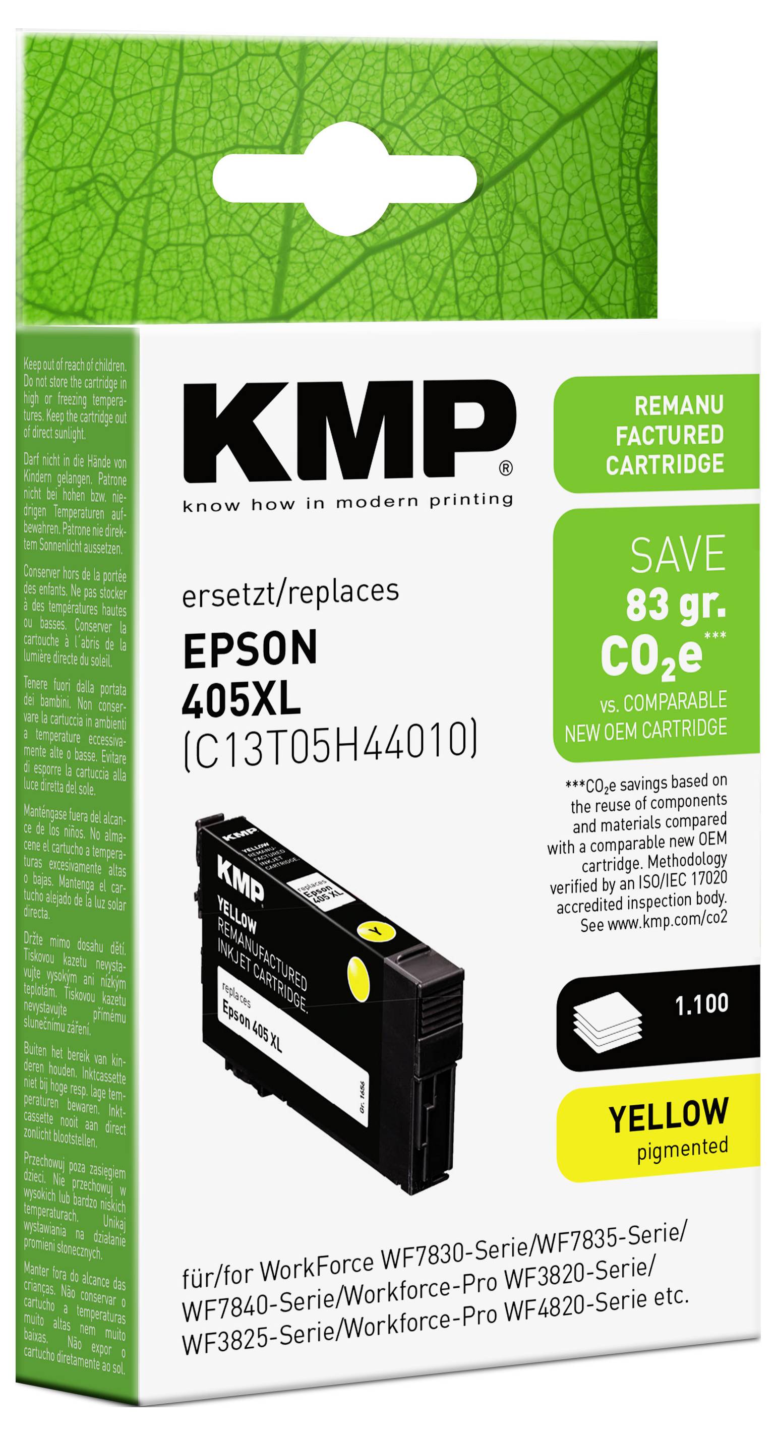 Krabice náhradní žluté inkoustové kazety KMP pro tiskárny Epson 405XL, označená "ušetřit 83 g CO2e" a kompatibilní s modely WorkForce/WorkForce Pro.