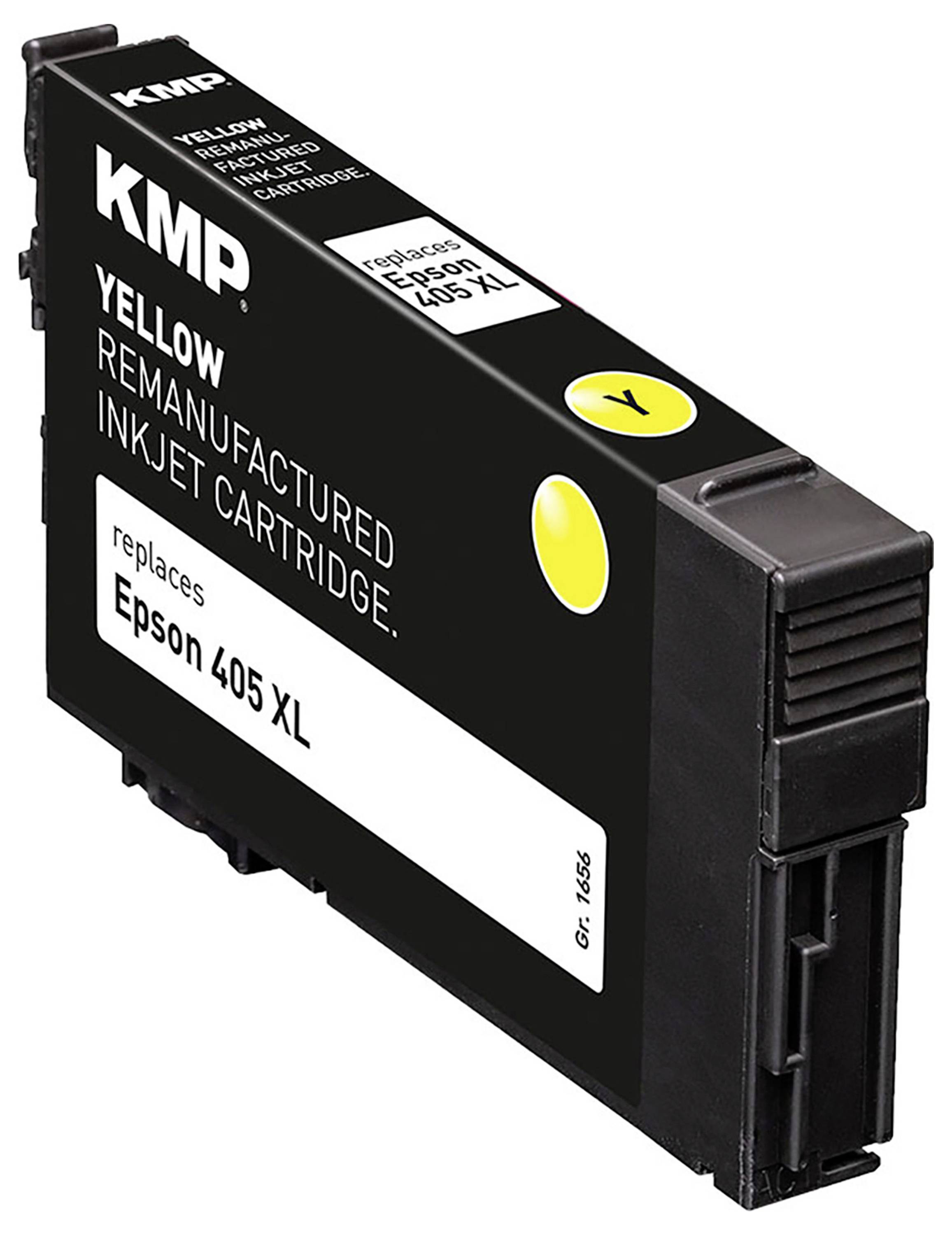 Černá KMP žlutá renovovaná tryskková cartridge označená "nahrazuje Epson 405 XL" se žlutým indikátorem inkoustu.