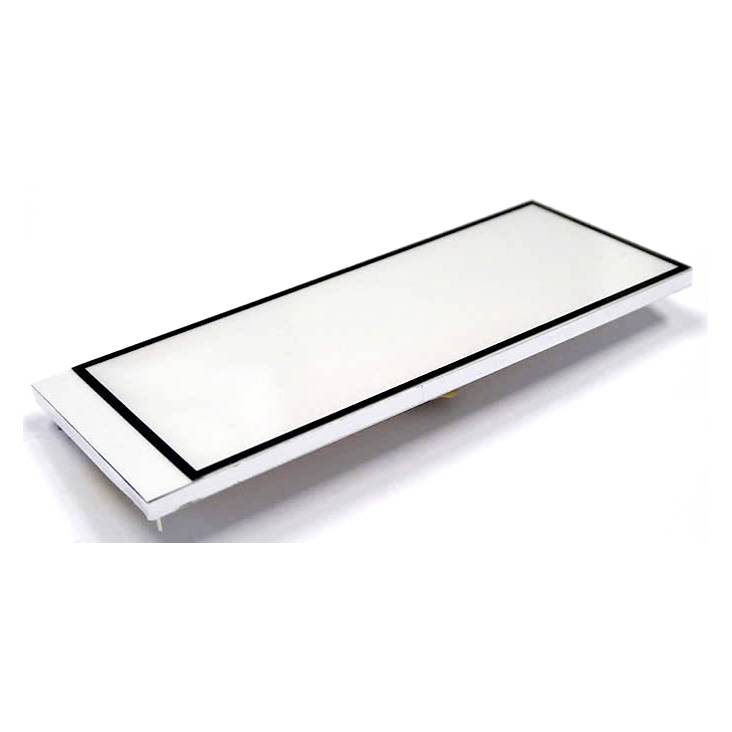 Obdélníkový LED panel v bílé barvě s černým rámečkem, plochý design, určený pro osvětlení.