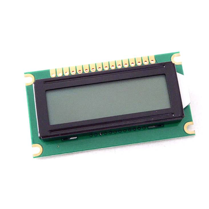 Malý LCD displej s zeleným pozadím a tmavým rámečkem, primárně používaný pro zobrazování digitálních informací.