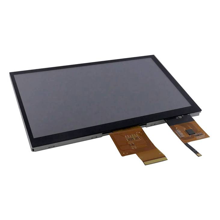 Obdélníkový černý dotykový displej se dvěma flexibilními plochými kabely vyčnívá z dolní strany.