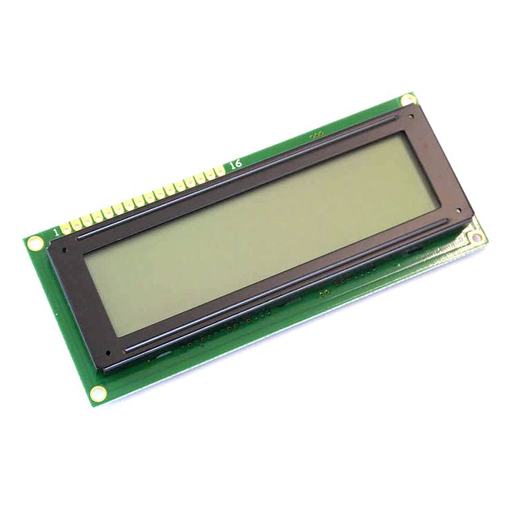 Obdélníkový zelený LCD displej bez zobrazeného textu, namontovaný na desce plošných spojů. Ideální pro elektronické projekty.