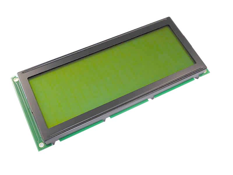 Obdélníkový LCD modul se zeleným pozadím a černým rámečkem, vhodný pro elektronické aplikace a displeje zařízení.