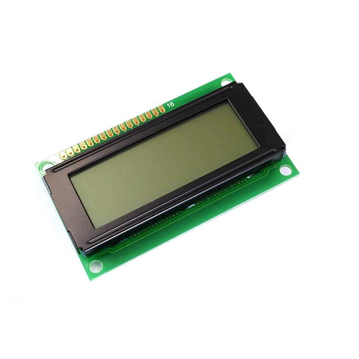 Zelený LCD modul s černým rámečkem, vhodný pro zobrazování dat, namontovaný na desce plošných spojů.