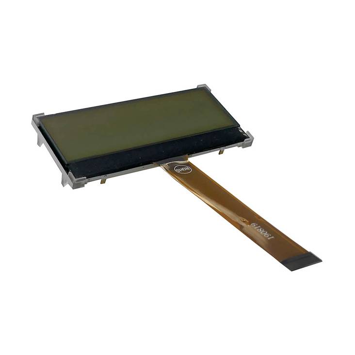 Malý obdélníkový LCD modul s černou obrazovkou a flexibilním plochým připojením v popředí. Vhodný pro elektronická zařízení.