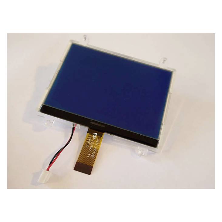 LCD obrazovkový modul s kabelovým připojením na bílém pozadí.