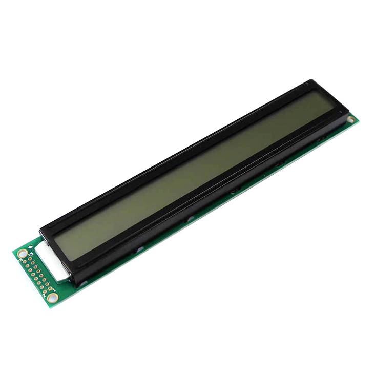 Dlouhý, úzký LCD displej na zelené desce plošných spojů, používaný pro elektronické projekty a zobrazování textu nebo čísel.