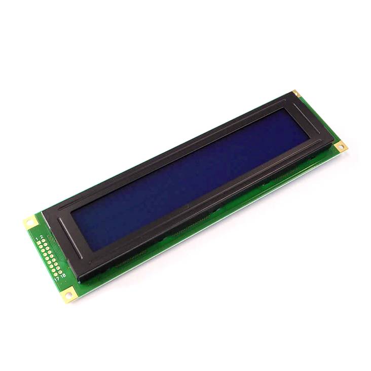 Obdélníkový modul LCD displeje v modré barvě, který se běžně používá v elektronických zařízeních pro zobrazování textu nebo dat.