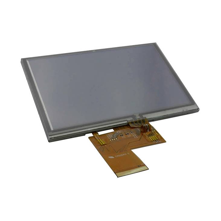 Obdélníkový LCD displej s plochým flexibilním kabelem zobrazující přední stranu. Ideální pro technické aplikace nebo obrazovky zařízení.
