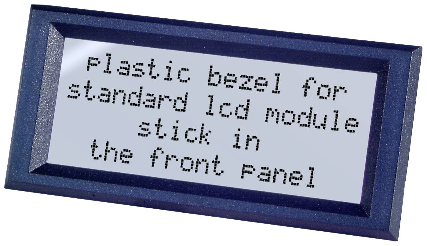 Plastový rámeček pro standardní LCD modul, určený k instalaci do přední desky. Obdélníkový rámeček pro montáž displeje.