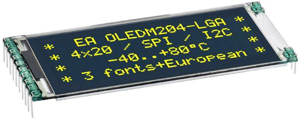 OLED displej s následujícími parametry: 'EA OLEDM204-LGA', 4x20 znaků, rozhraní SPI/I2C, provozní teplota od -40°C do +80°C, tři písma včetně evropských znaků.