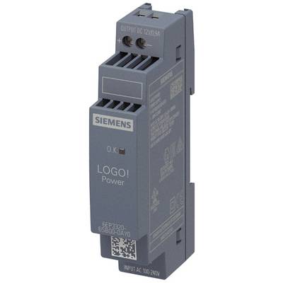 Šedý napájecí adaptér Siemens LOGO! s nápisem "OUTPUT DC 12V/0,9A", zobrazující technické detaily a připojení nahoře a dole.