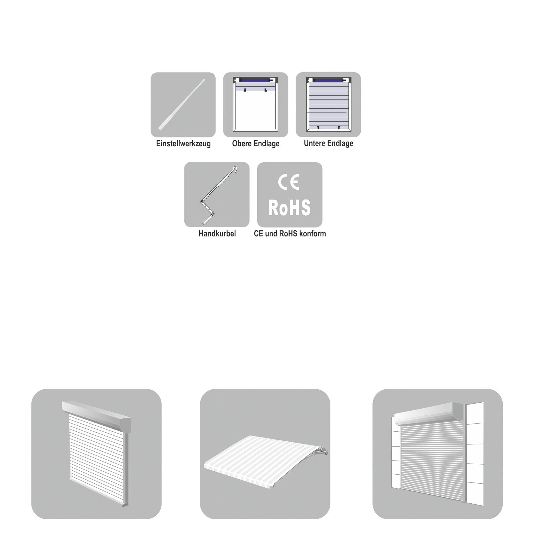 Seřizovací nástroj, horní a dolní koncová poloha, ruční klika, ve shodě s CE a RoHS. Rolety: zavřené, polozavřené, otevřené.