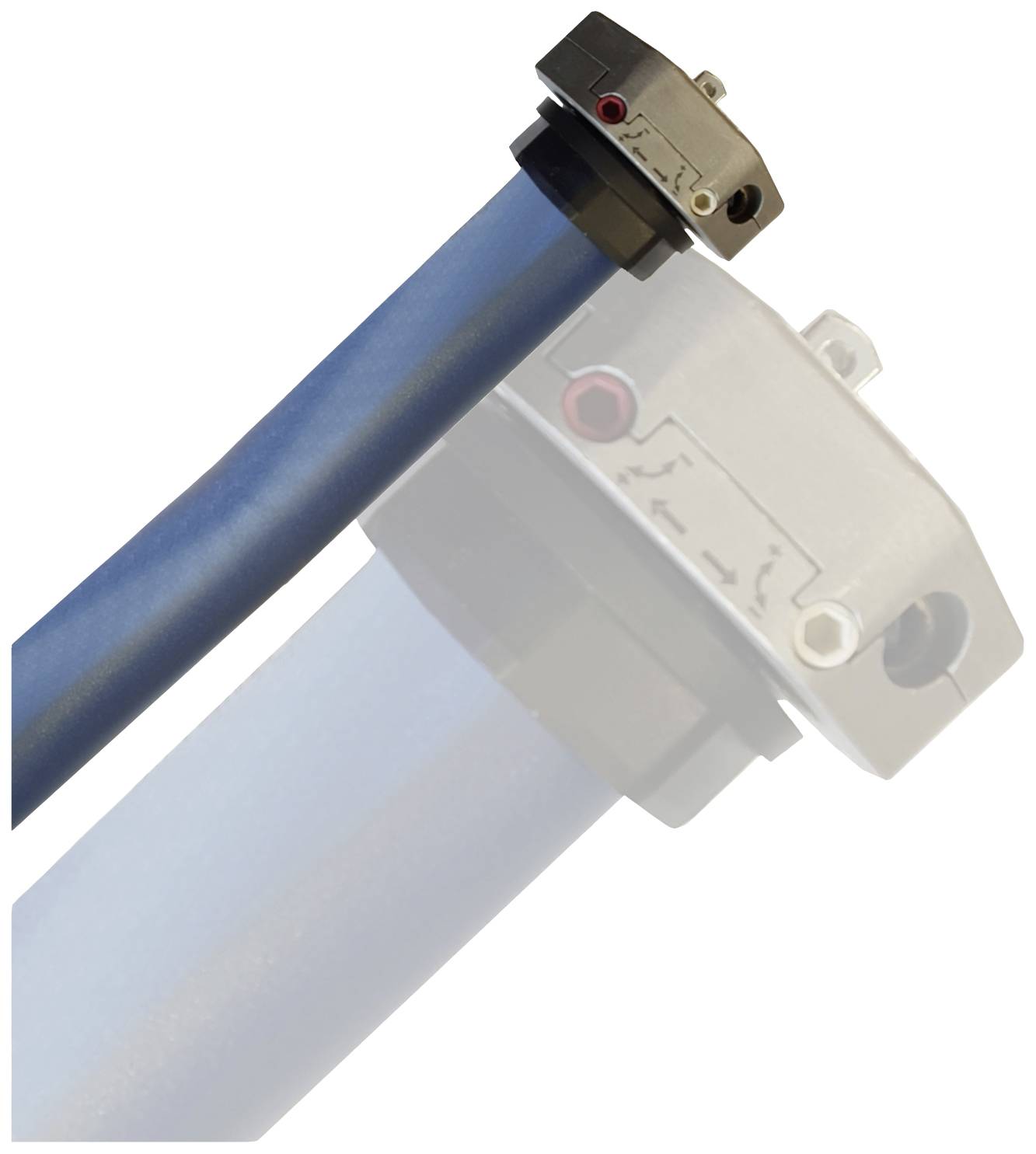 'Dva válcové přístroje umístěné šikmo vedle sebe, jeden jasně viditelný v modré barvě, druhý zobrazen průhledně.'