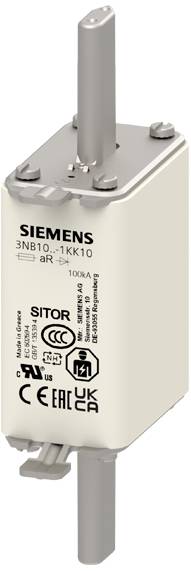 Válcový pojistkový vložek Siemens s nápisem '3NB10-1KK10, 100kA', technickými symboly a označením CE.