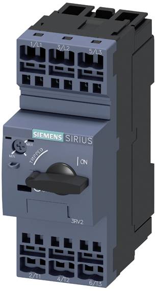 Elektrický výkonový spínač značky Siemens ze série Sirius, v modré barvě, s přepínačem a několika připojovacími body.