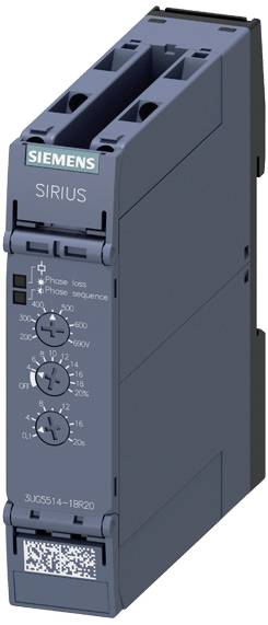 Modrý modul Siemens SIRIUS pro sledování ztráty a sledu fází s nastavitelnými regulátory a popisy vpředu.