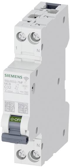 Elektrický jistič Siemens, model 5SL6032-7MF se zeleným vypínačem 'O=OFF', určený pro nízkopotenciálové aplikace.