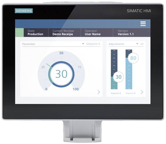 'SIEMENS SIMATIC HMI Obrazovka displeje. Zobrazuje výrobní stav, aktuální recepturu a uživatelské jméno. Otočný ovladač na 30, posuvný ovladač na 30 a 80.'