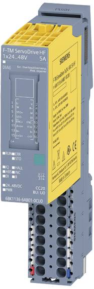 Siemens F-TM ServoDrive HF, průmyslový servopohon pro řízení strojů, zobrazený s technickými specifikacemi a připojovacími body.