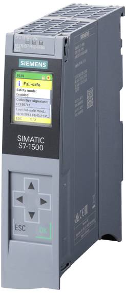 Siemens SIMATIC S7-1500 automatizační zařízení s displejem, zobrazuje 'Fail-safe, Bezpečnostní režim' a nabídku možností.