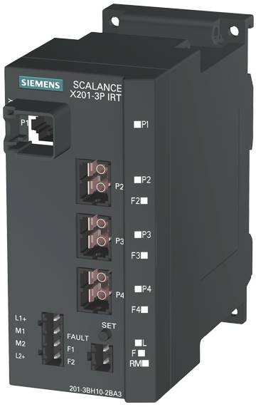 Průmyslový router s několika porty, LED stavovými indikátory a firemním logem 'Siemens'. Označení modelu 'SCALANCE X201-3P IRT'.