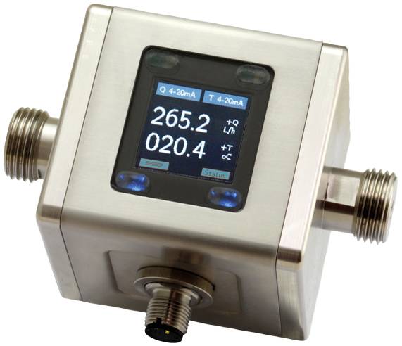 Měřicí zařízení průtoku s digitálním displejem zobrazuje průtokovou rychlost '265,2 l/h' a teplotu '20,4 °C'.