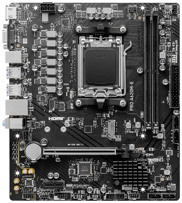 Počítačová základní deska s různými porty a sloты, včetně USB a HDMI, centrálního soklu procesoru a slotů pro RAM.