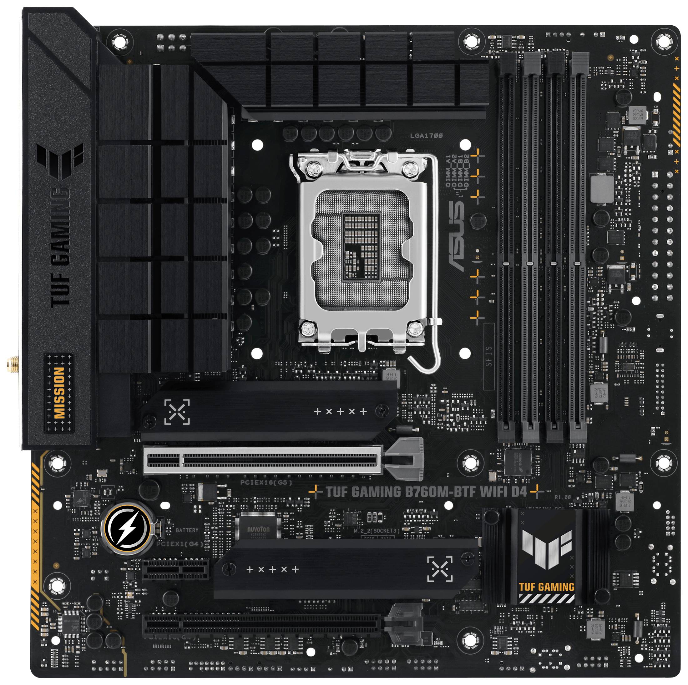 Obrázek zobrazuje základní desku ASUS TUF Gaming B760M-BTF WiFi D4 s černým designem, včetně detailů jako dva sloty pro RAM a několik různých konektorů.