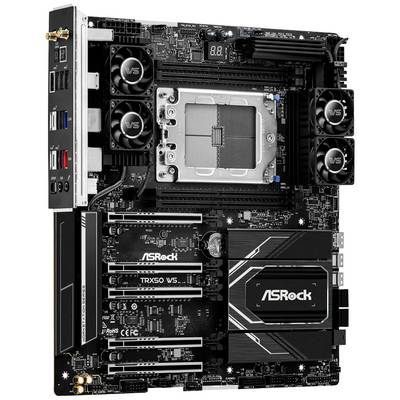 Základní deska ASRock TRX50 s několika PCIe sloty, dvěma velkými ventilátory a konektory pro rozšíření procesoru a paměti.