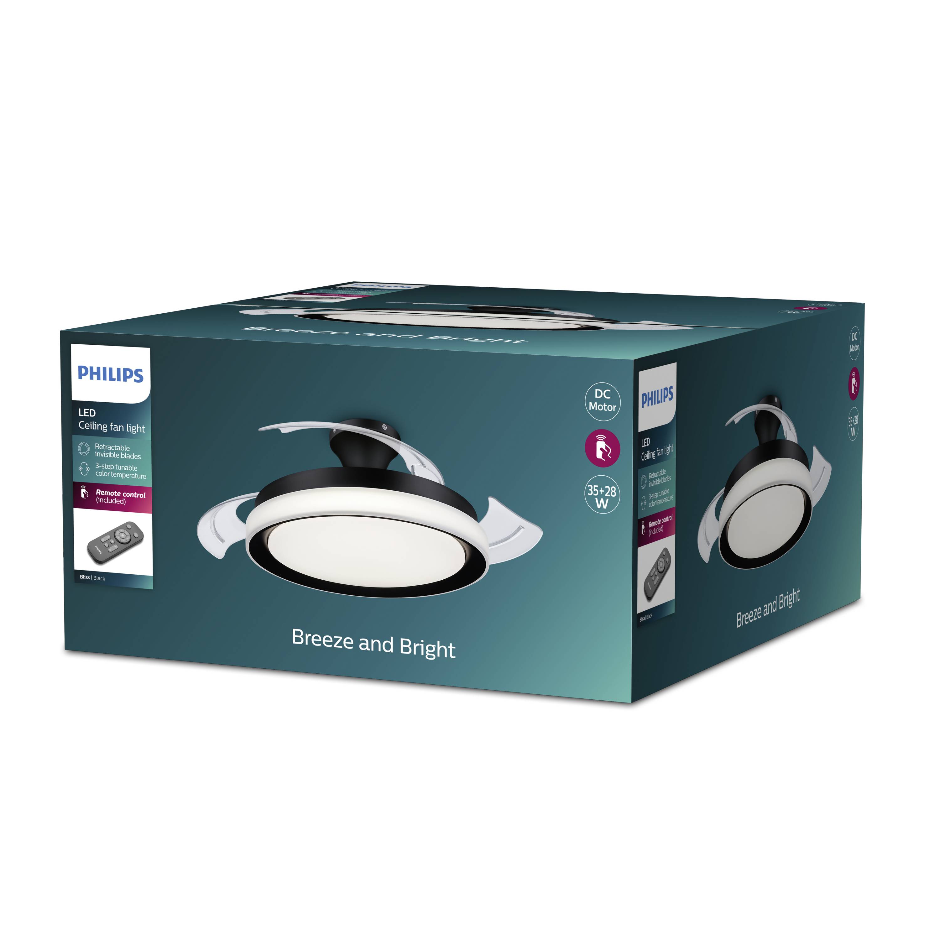 Krabice s vyobrazením stropní LED svítidlo Philips 'Breeze and Bright'. Produkt je v černém provedení, vhodný pro napětí 85-220 V.