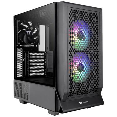 Černá počítačová skříň s bočním průhledem a dvěma svítícími RGB ventilátory na přední straně.