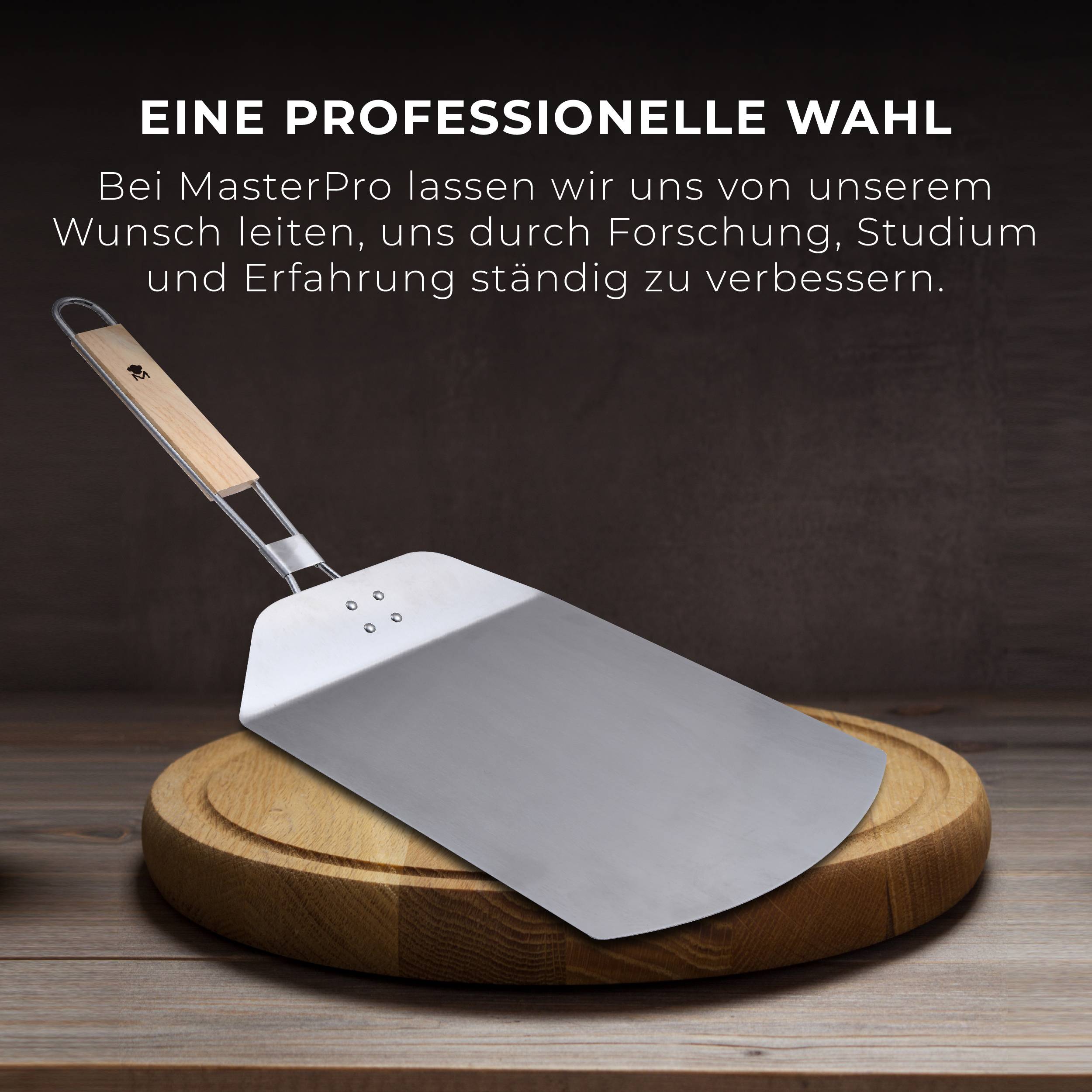 Nůž na kulatém dřevěném prkénku, doprovázen textem: „Profesionální volba. MasterPro zdokonalené výzkumem a zkušenostmi."