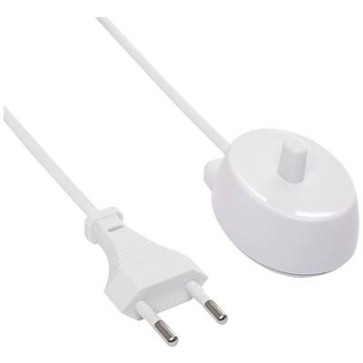 Bílý síťový kabel s EU zástrčkou na jednom konci a kulatým adaptérem na konci druhém.