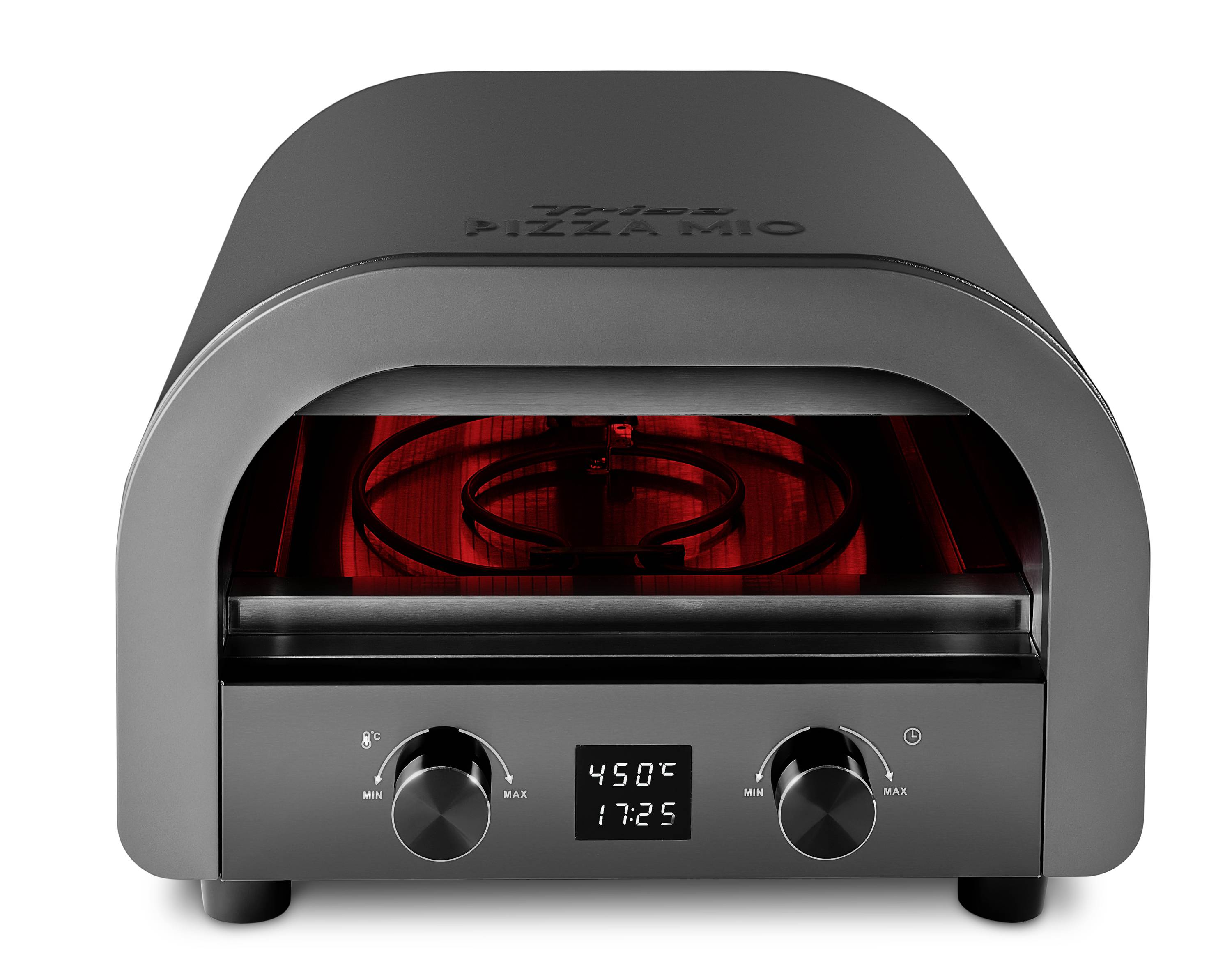 Černá pizzová pec se dvěma otočnými knoflíky a digitálním displejem. Display ukazuje '450°C' a '17:25'. Uvnitř červeně osvětlená.