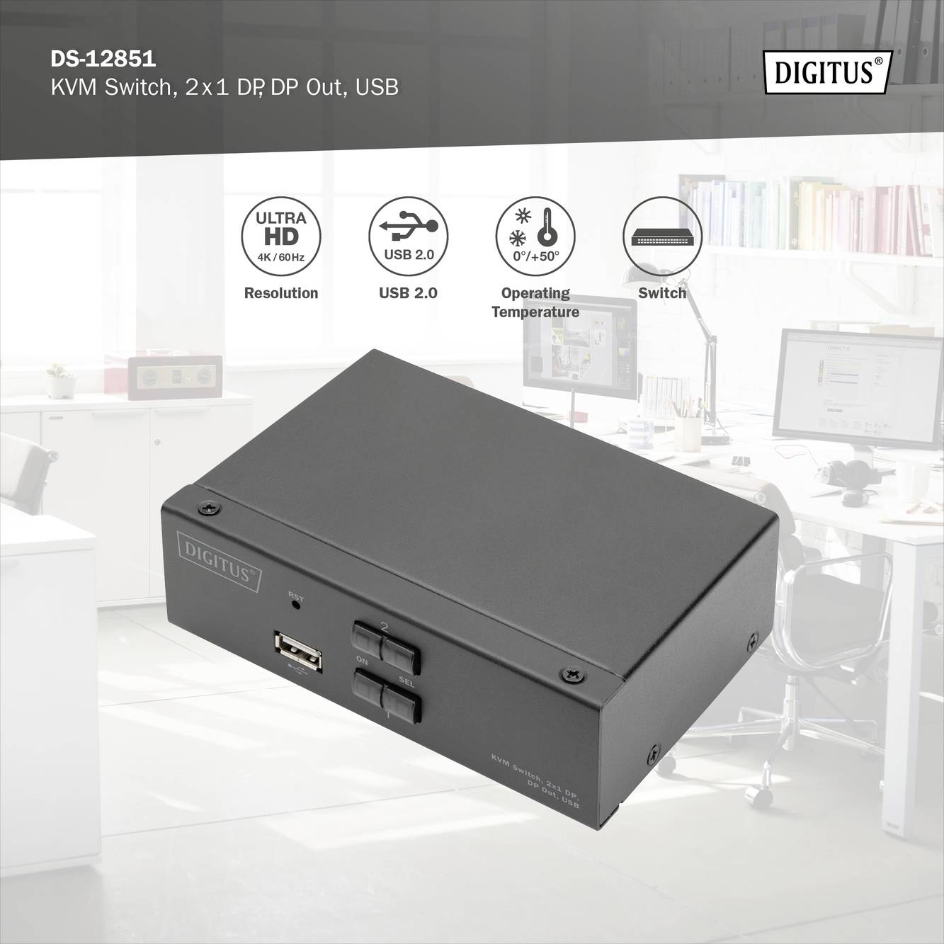 KVM přepínač se dvěma displeji a USB 2.0. Podporuje rozlišení 4K/60Hz, má dva tlačítka a symboly znázorňující funkce.