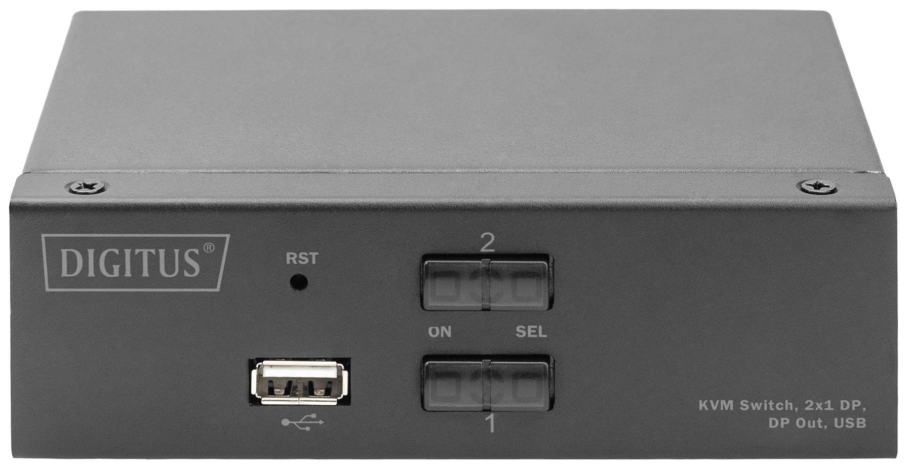Černý KVM přepínač značky 'Digitus' se dvěma tlačítky a USB konektorem vpředu.