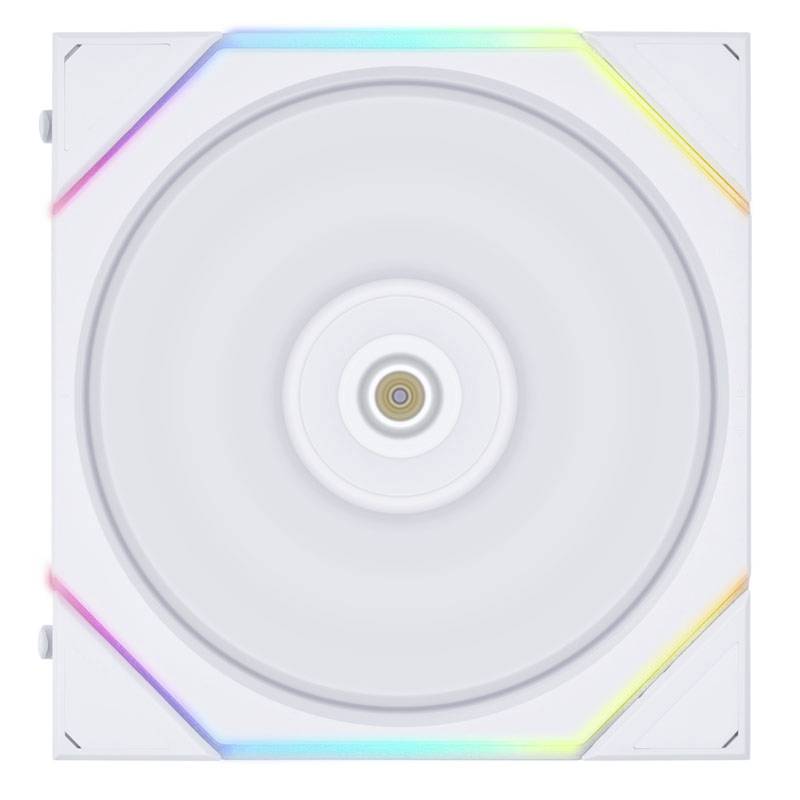 Bílý ventilátor s kulatým středem a svítícími RGB pásky na rozích, které září v různých barvách.